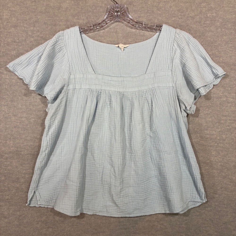 Caslon Womens Light Blue Cotton Double Gauze Square Neck Flutter Sleeve Top L
